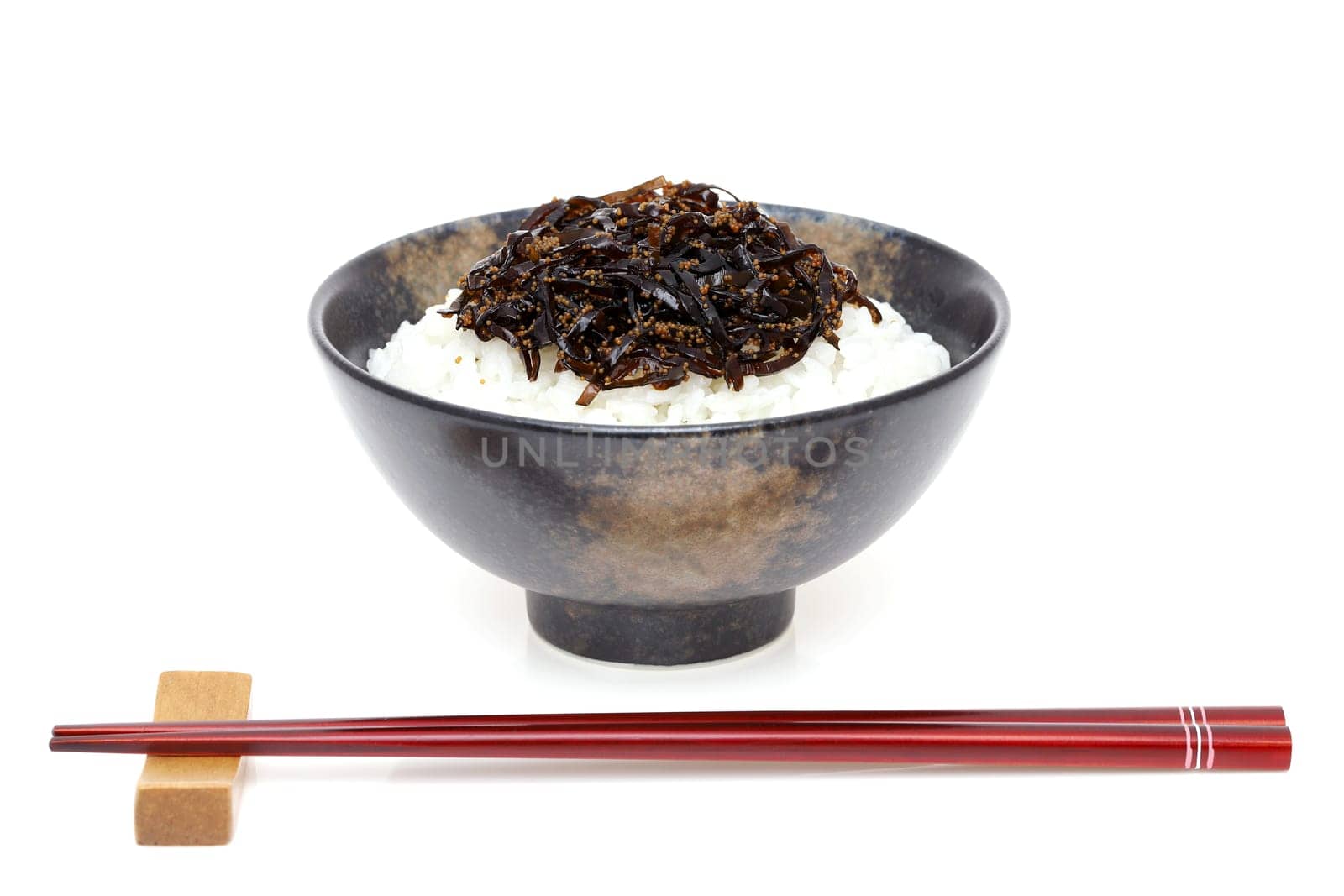 Japanese food, Tsukudani of konbu on cooked white rice