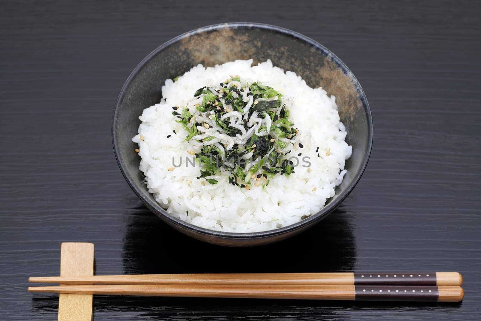 Japanese food, Shirasu and takana vegetable on cooked white rice