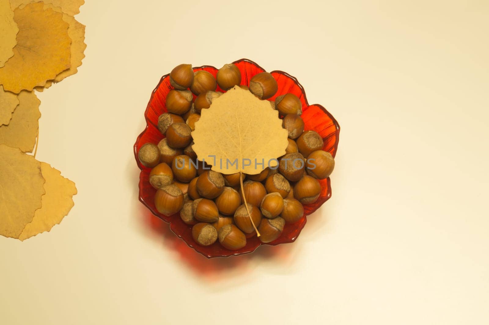Hazelnuts in a bowl with leaves isolated on white. autumn background with copy space