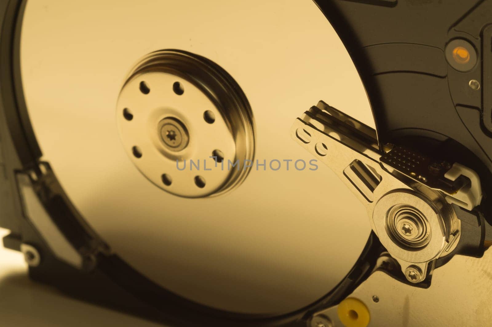 Hdd. open hard disk drive. The concept of data storage. data array. hard drive from the computer. hdd with mirror effect
