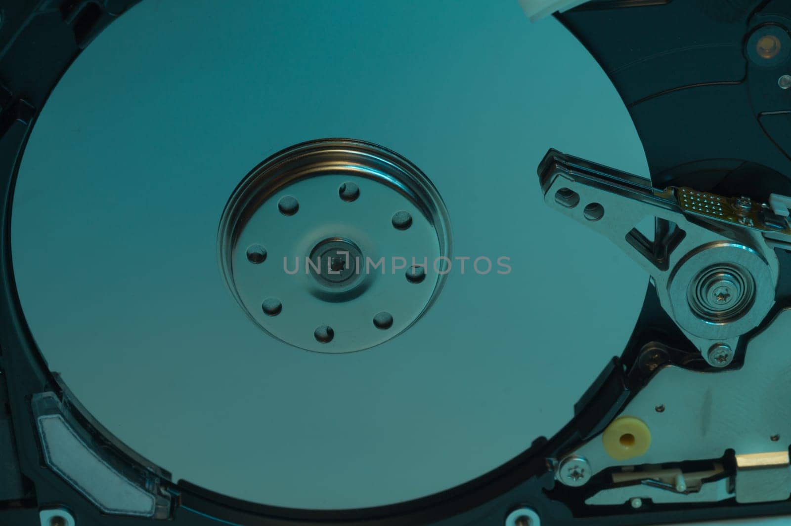 Hdd. open hard disk drive. The concept of data storage. data array. hard drive from the computer. hdd with mirror effect