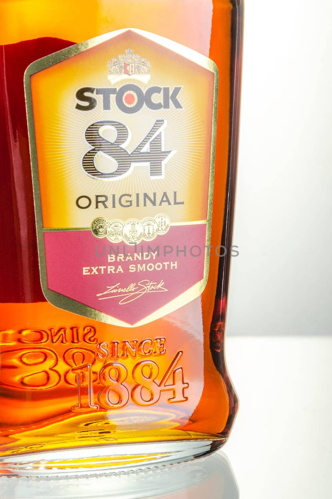 Bottle of original brandy Stock 84. It has been produced since 1884. It is distributed by Stock Polska.