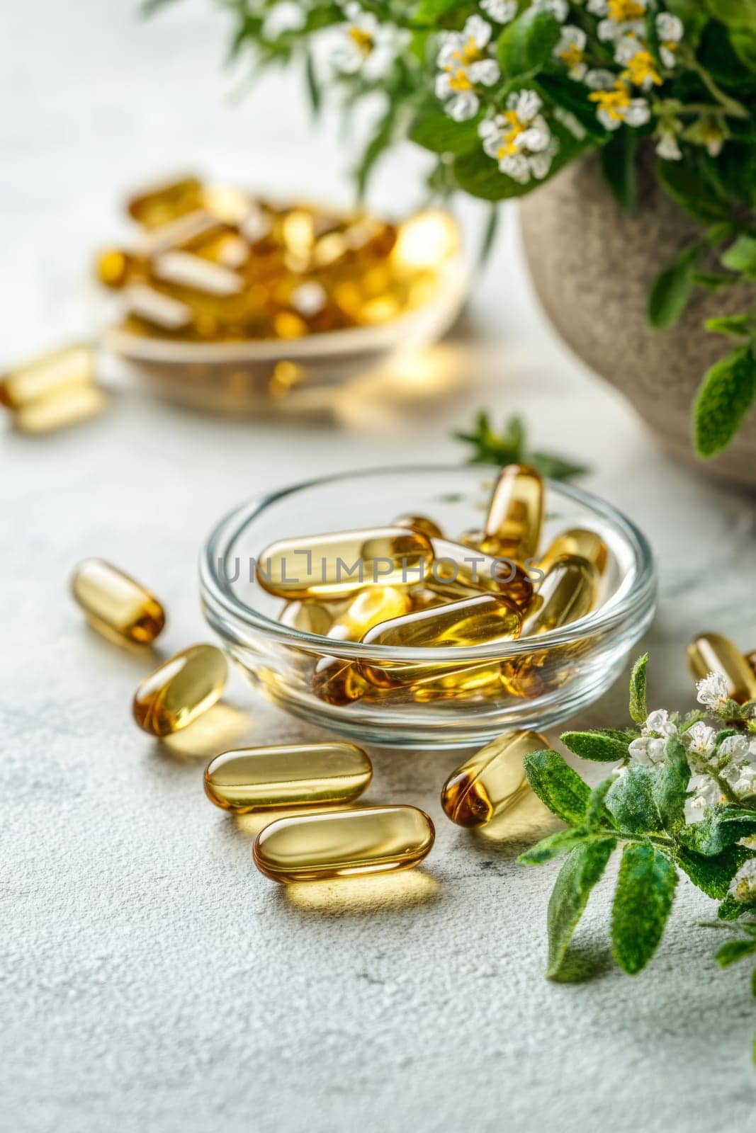 Supplements and vitamins with medicinal herbs. Selective focus. Generative AI, medical