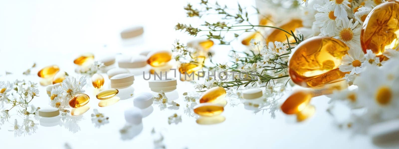 Supplements and vitamins with medicinal herbs. Selective focus. Generative AI, medical