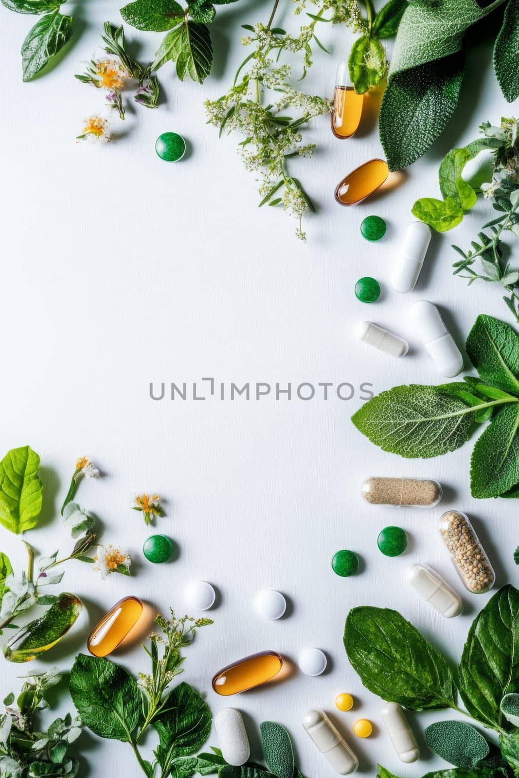 Supplements and vitamins with medicinal herbs. Selective focus. Generative AI, medical