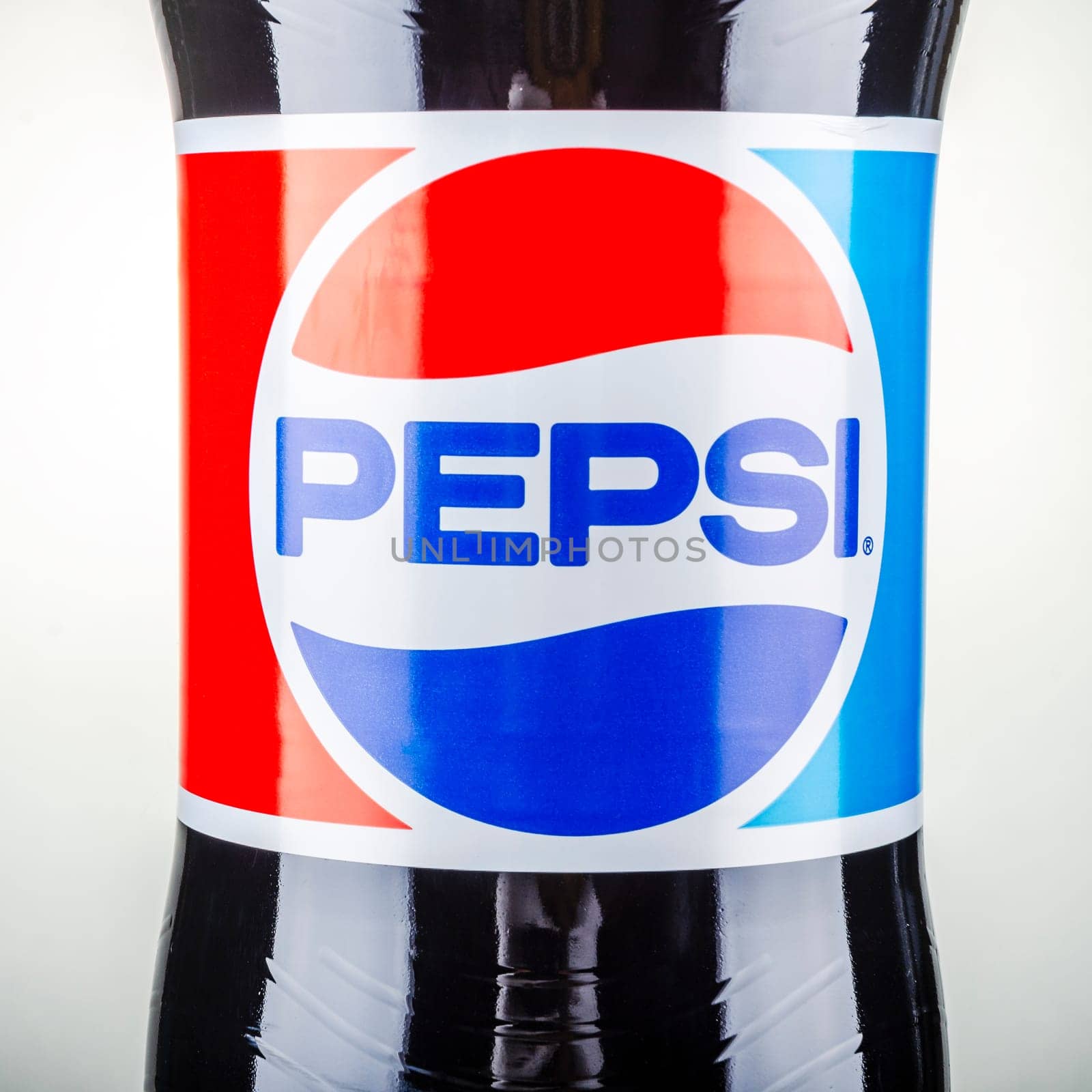 Pepsi drink isolated on gradient background. Pepsi is carbonated soft drink produced by PepsiCo. Pepsi was created and developed in 1893.