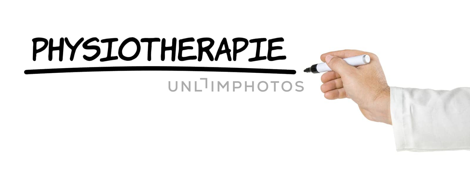 Hand with pen writes physiotherapy