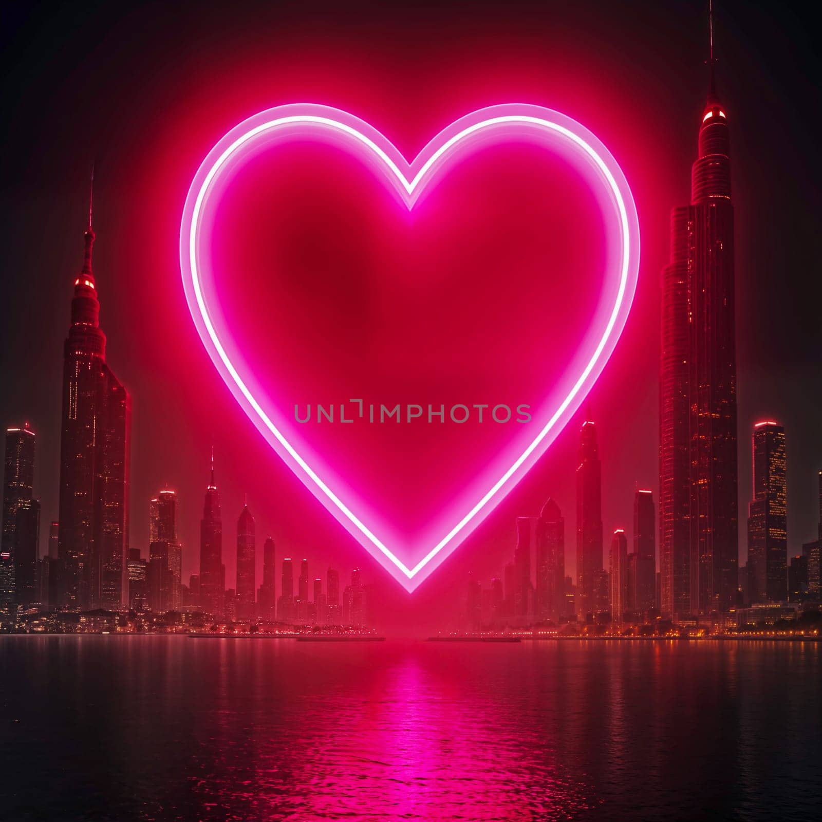 A vibrant neon heart glows brightly over a futuristic city skyline at night, reflecting on the water and illuminating the surrounding skyscrapers with pink hues