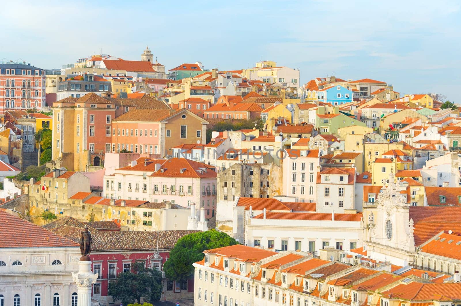 Skyline of Lisbon Old Town with  King Pedro IV monument. Lisbon, Portugal