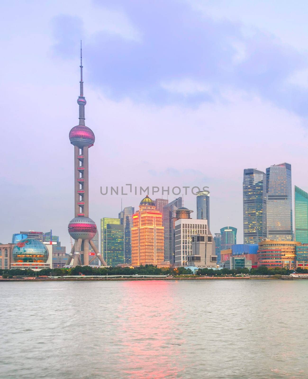 Illuminated Shanghai view at twilight, China