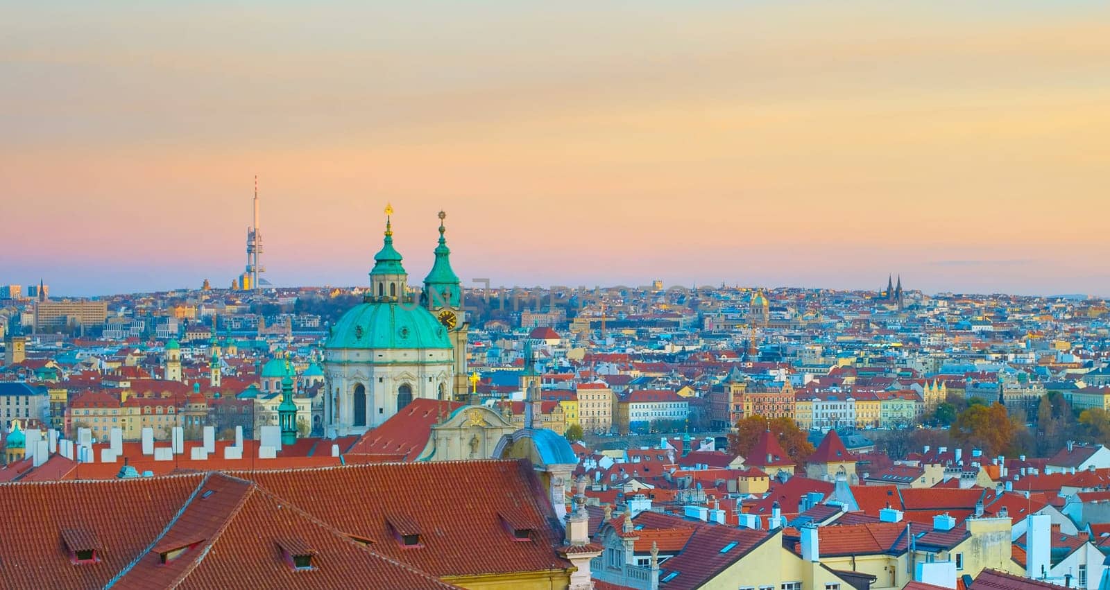 Panorama of Prague at twilight. Czech Republic