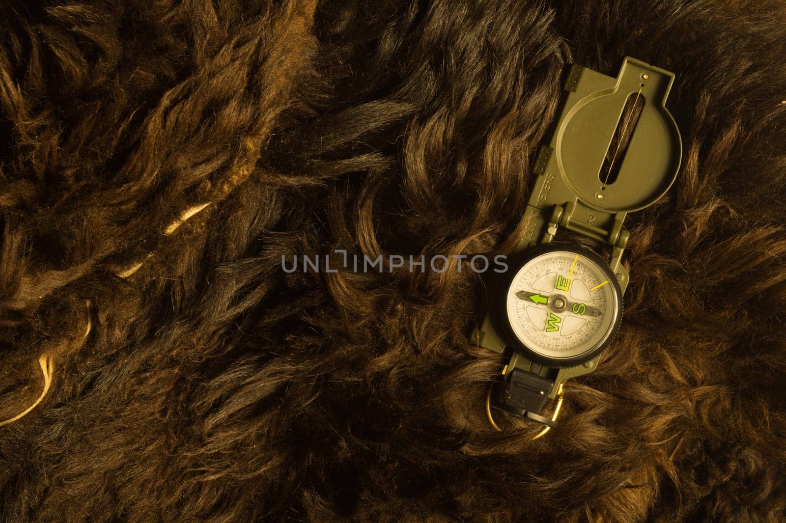 Modern metal compass on the fur background