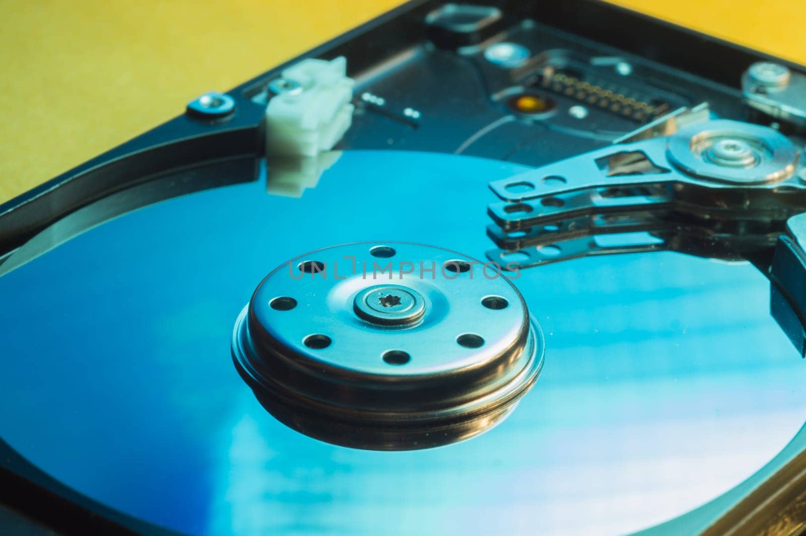 Colorful hdd. open hard disk drive. the concept of data storage. data array. hard drive from the computer