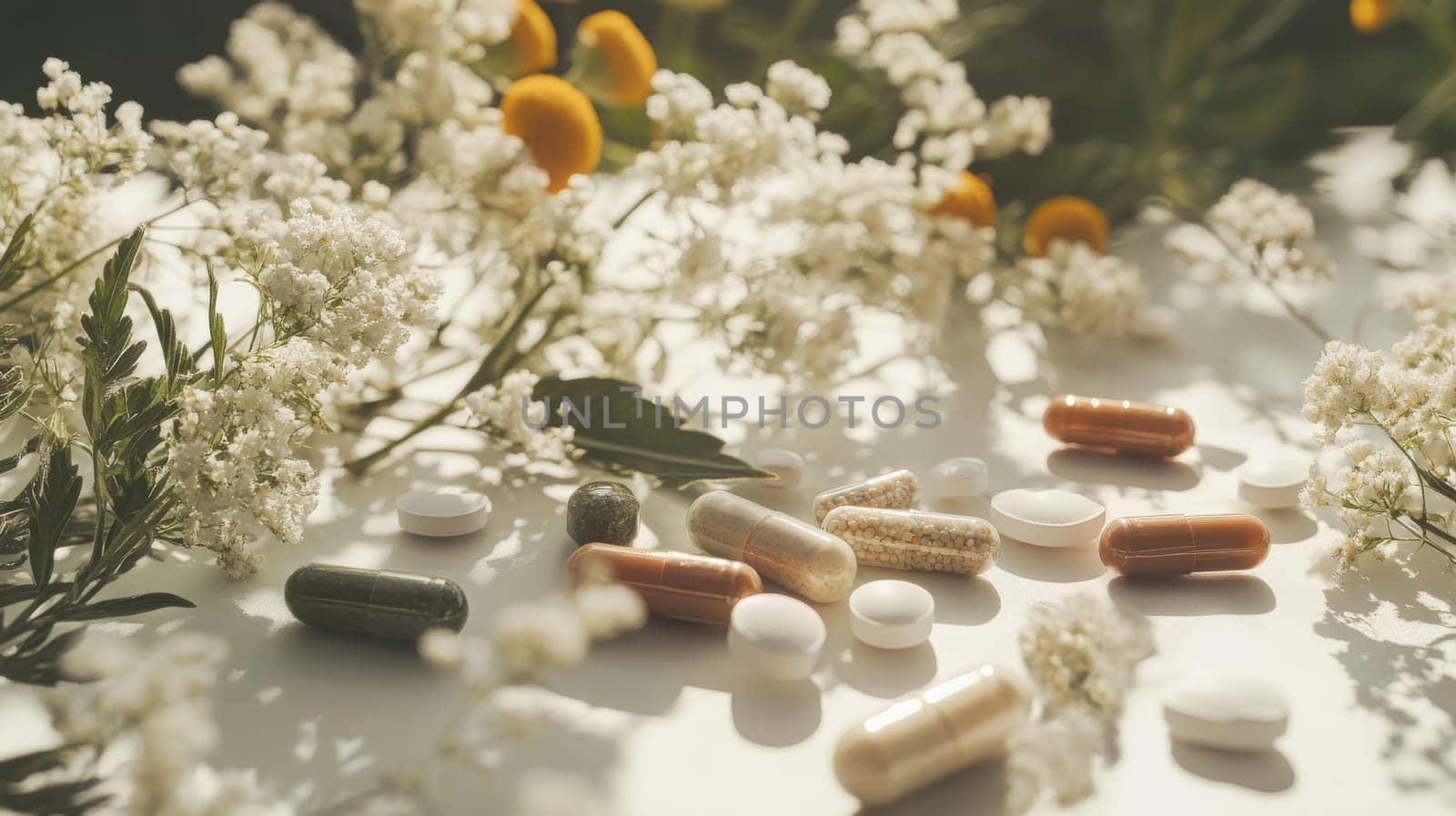 Supplements and vitamins with medicinal herbs. Selective focus. Generative AI, medical