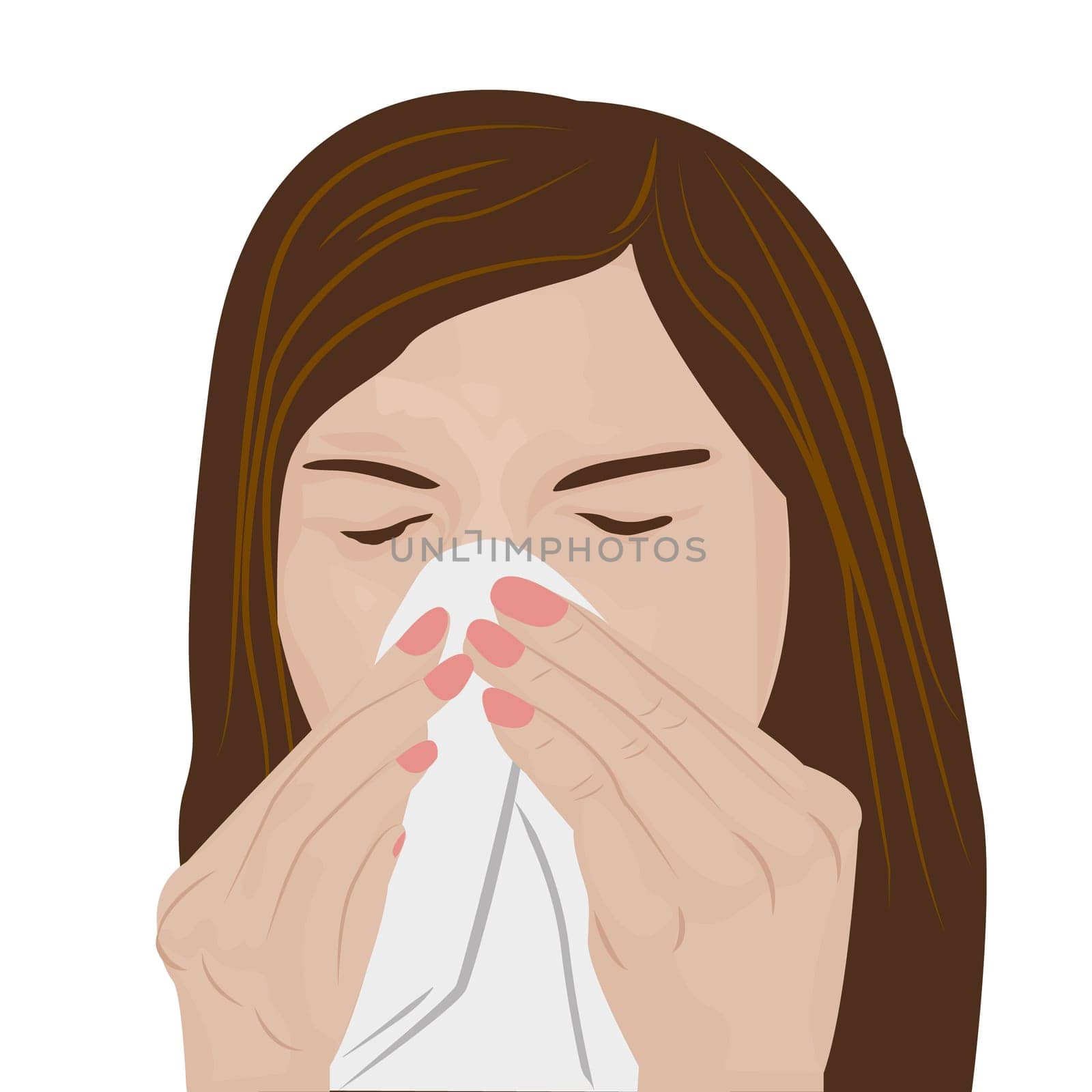 Woman having a cold flu, influenza or allergy sneezing and feeling unwell vector illustration