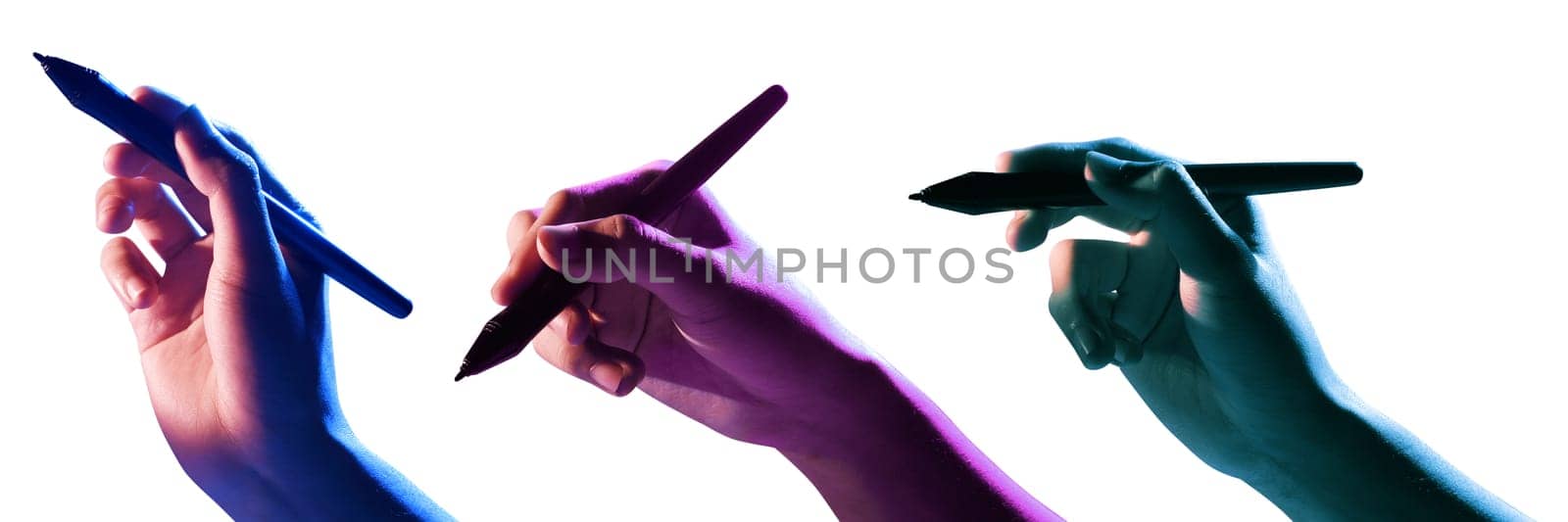 Male hand using black marker isolated over white background