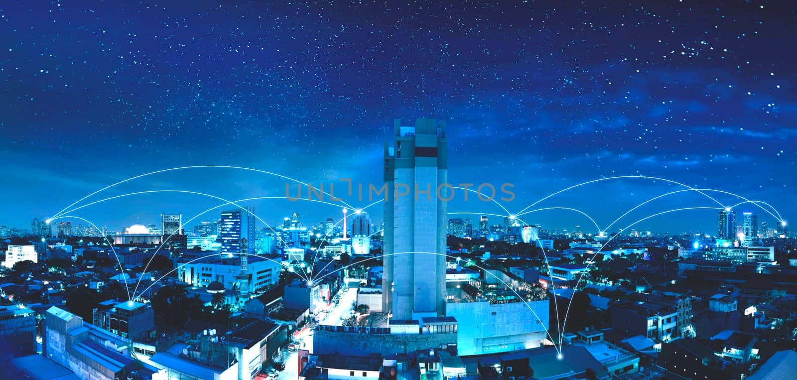 Modern city with internet and communication network over night scene background