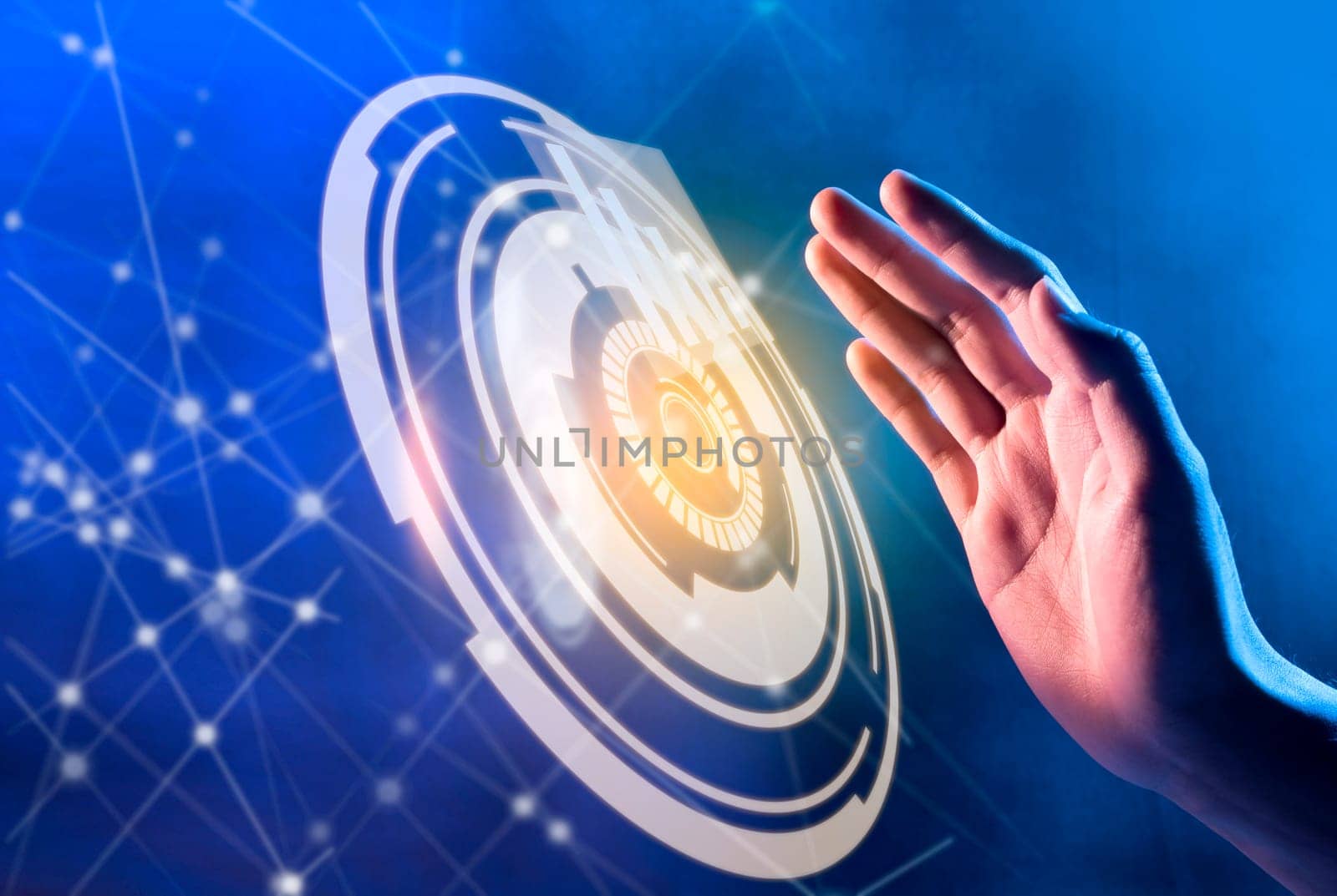 Hands of business person want to press the circles on virtual screen which display the interface of graphs and business network. Digital technology concept