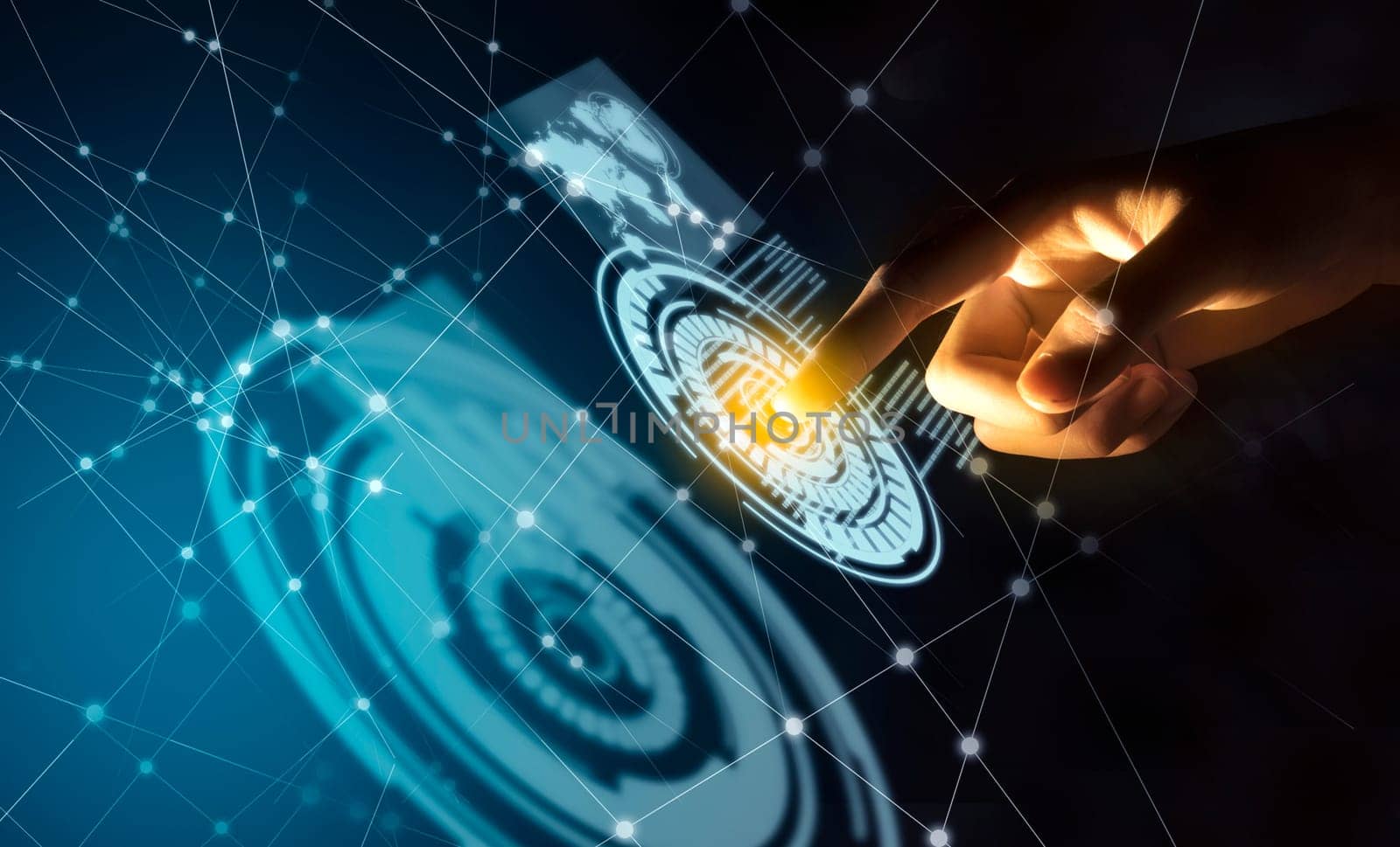Business finger touching a circle on virtual screen which display the interface of world maps, binary code and business network. Digital technology concept