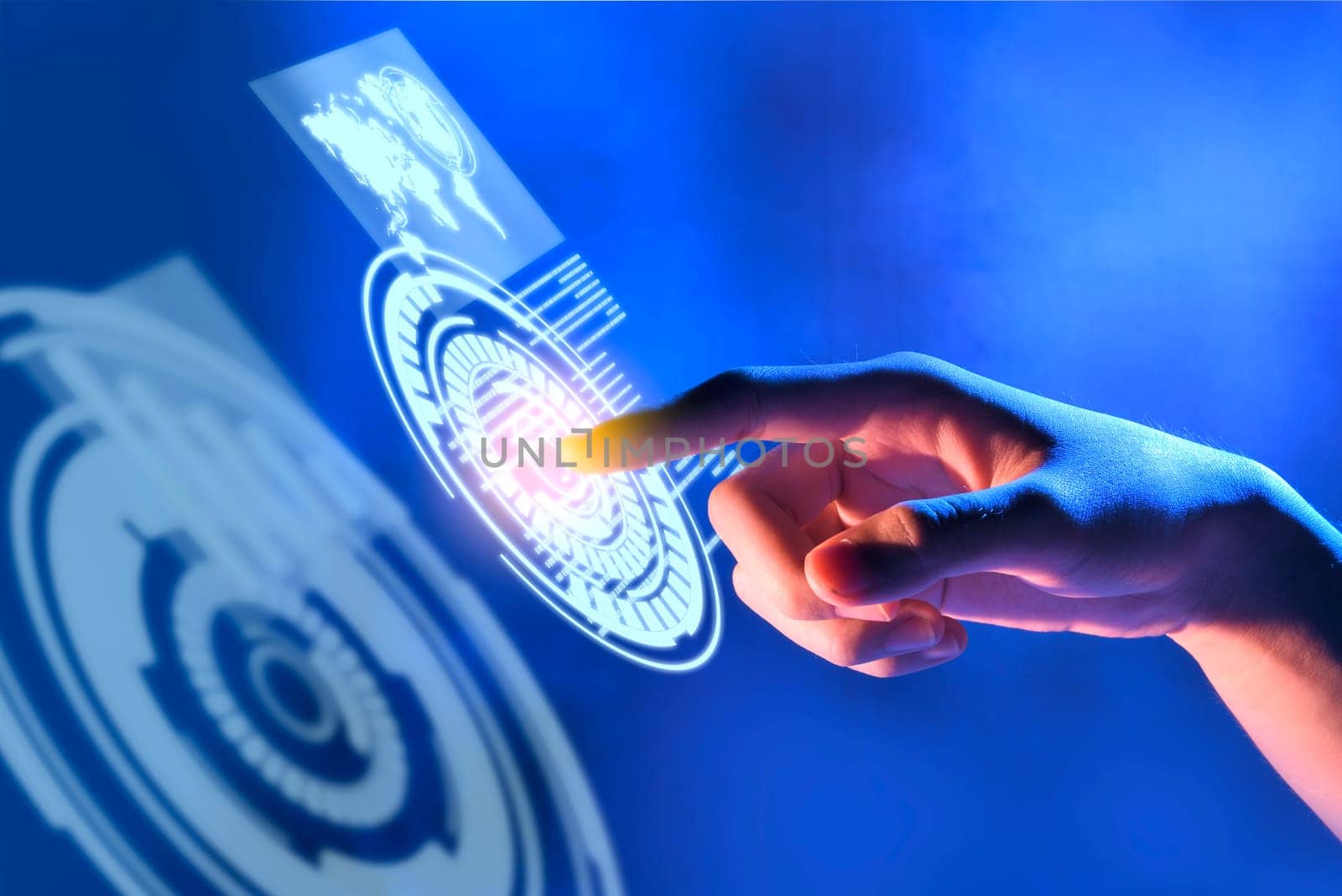 Business finger touching a circle on virtual screen which display the interface of world maps and binary code. Digital technology concept