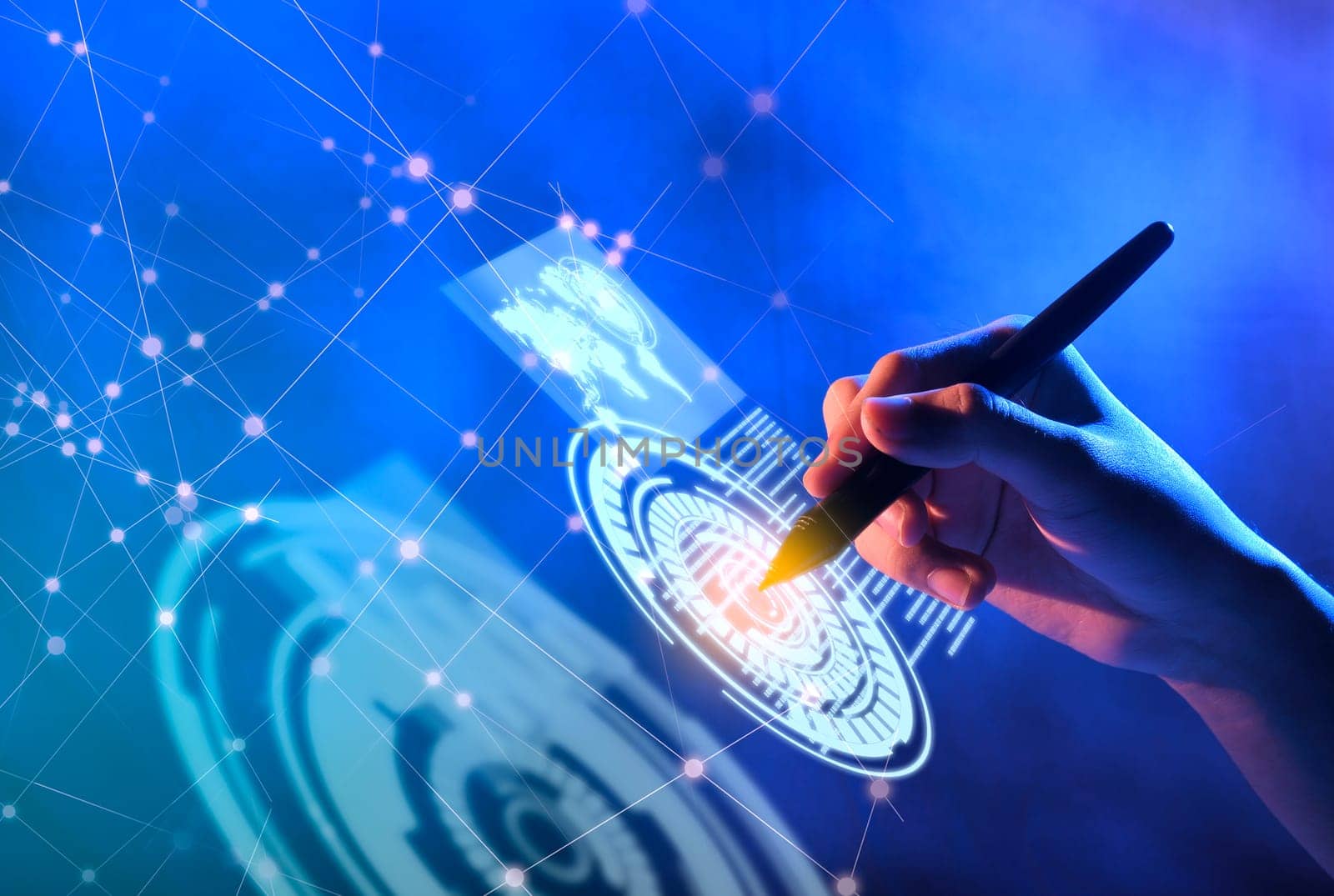Business hand with markers touching a circle on virtual screen which display the interface of world maps, binary code and business network. Digital technology concept