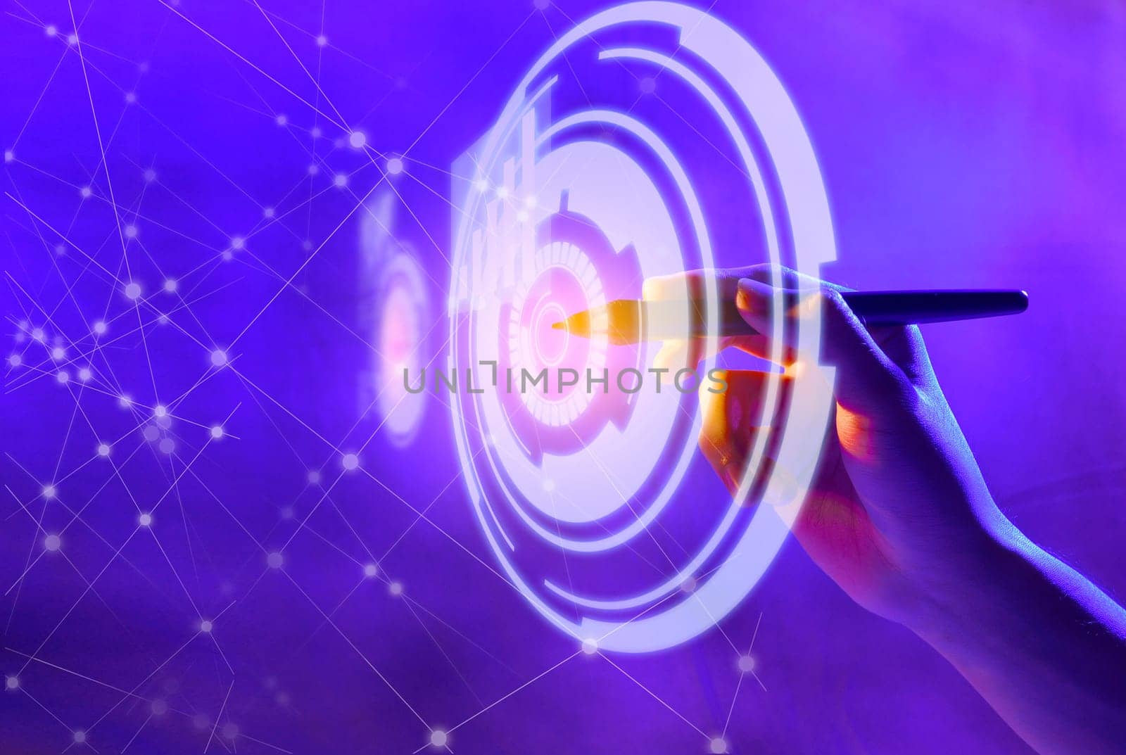 Business hand with markers touching a circle on virtual screen which display the interface of graphs and business network. Digital technology concept