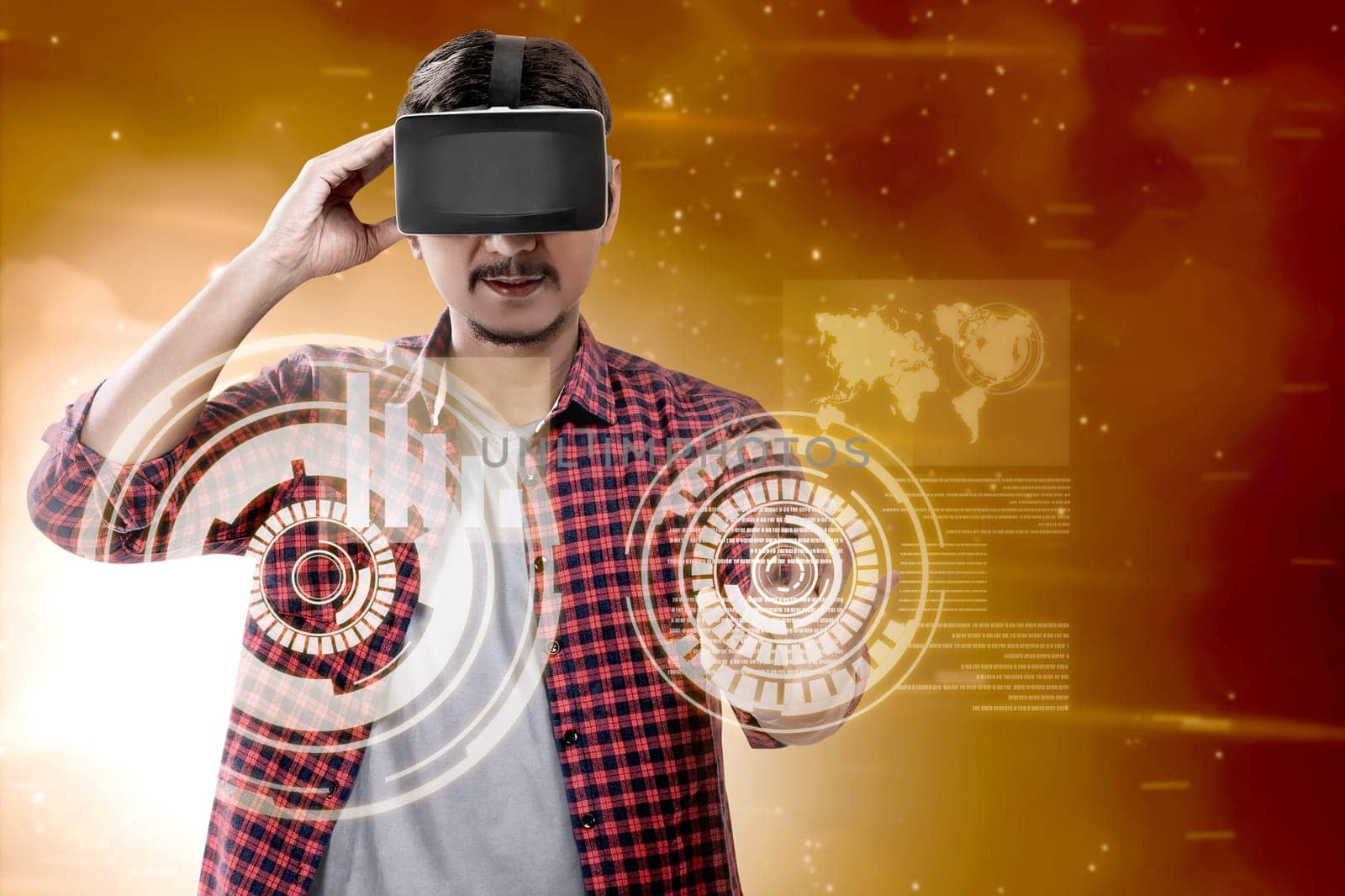 Asian man touching a circle on digital interface with virtual reality device display the world map and binary code. Augmented reality technology