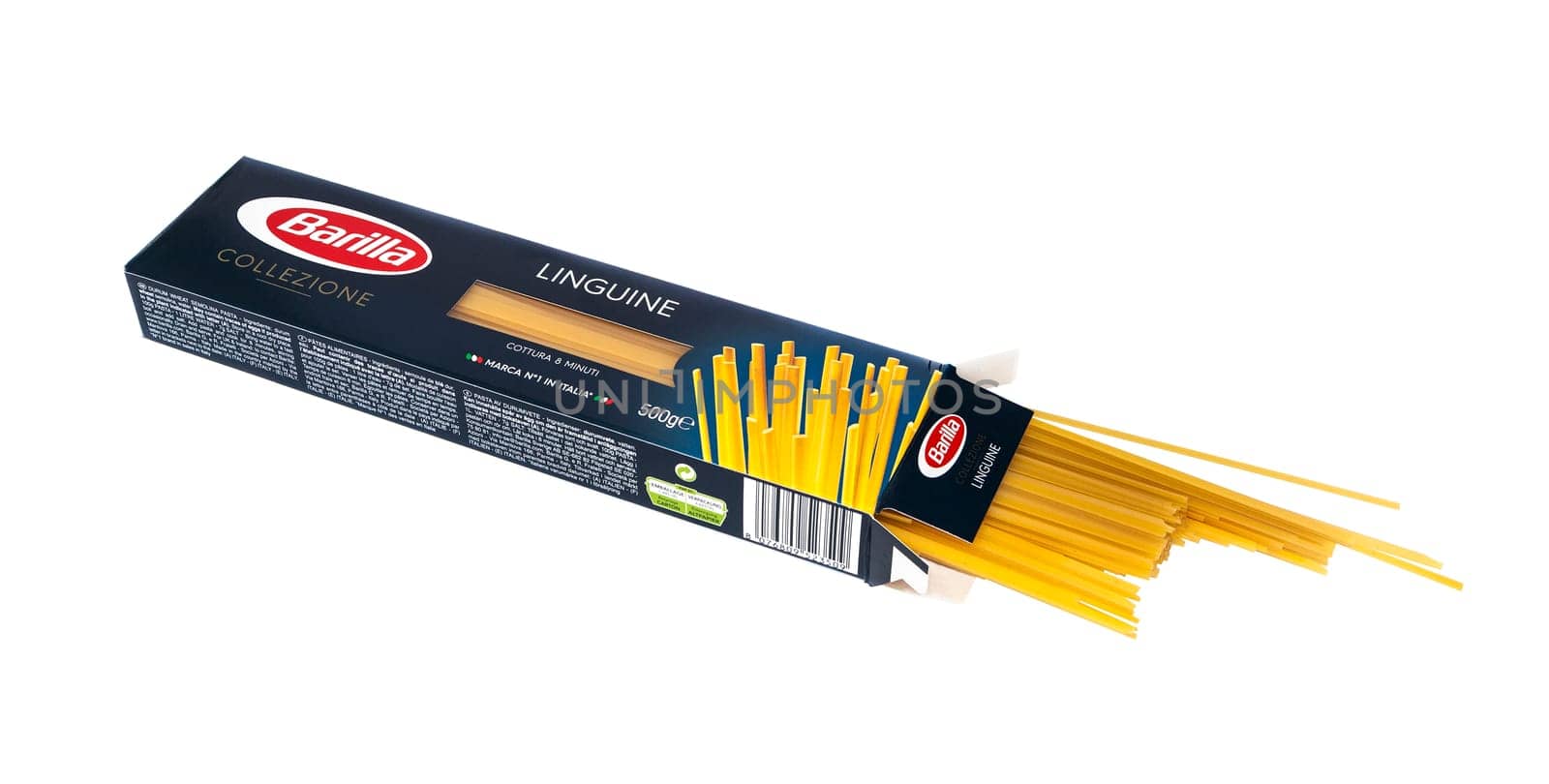 CHISINAU, MOLDOVA - May 16, 2018: Open packaging of Barilla Spaghetti Collezione. italian pasta on white background. Barilla is a company was founded as a bakery shop in Parma, Italy by Pietro Barilla