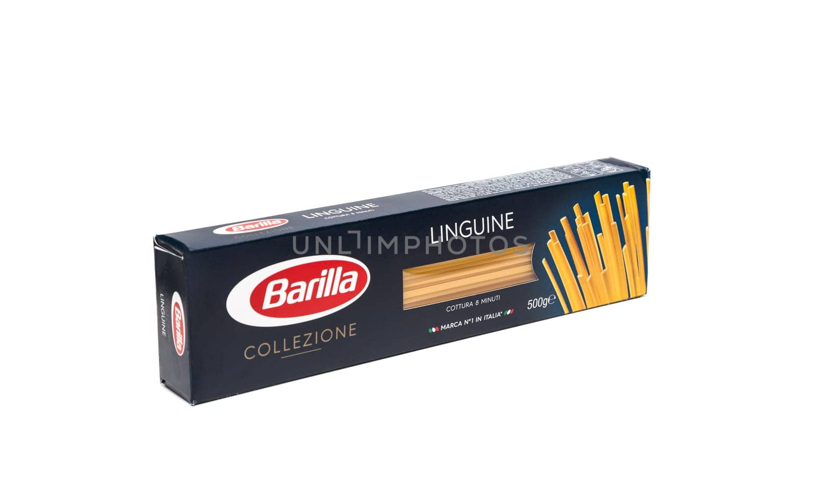 CHISINAU, MOLDOVA - May 16, 2018: Front view of Barilla Spaghetti Collezione. italian pasta on white background. Barilla is a company was founded as a bakery shop in Parma, Italy by Pietro Barilla