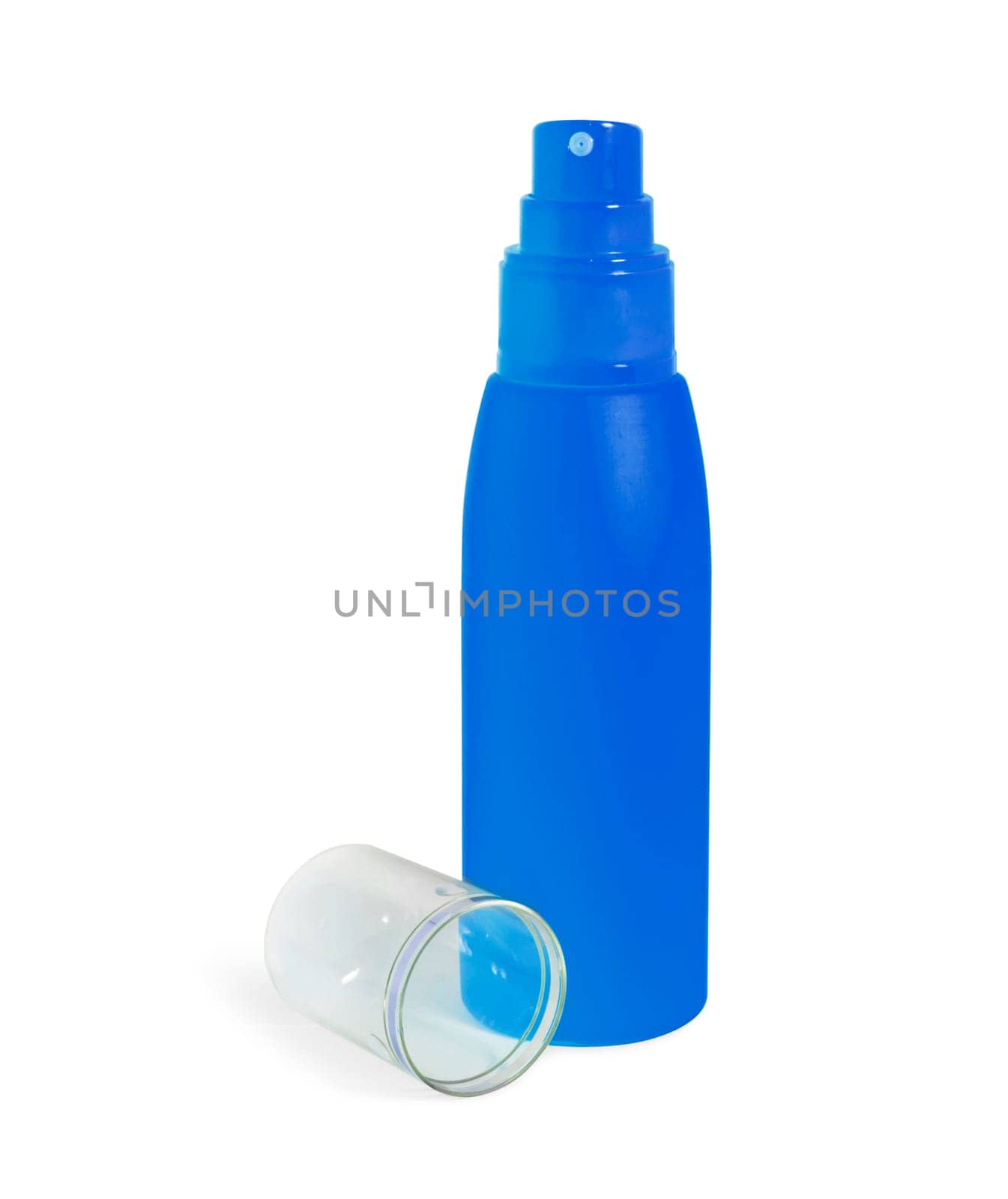 Pink cosmetic cream bottle, spray opened isolated on white background