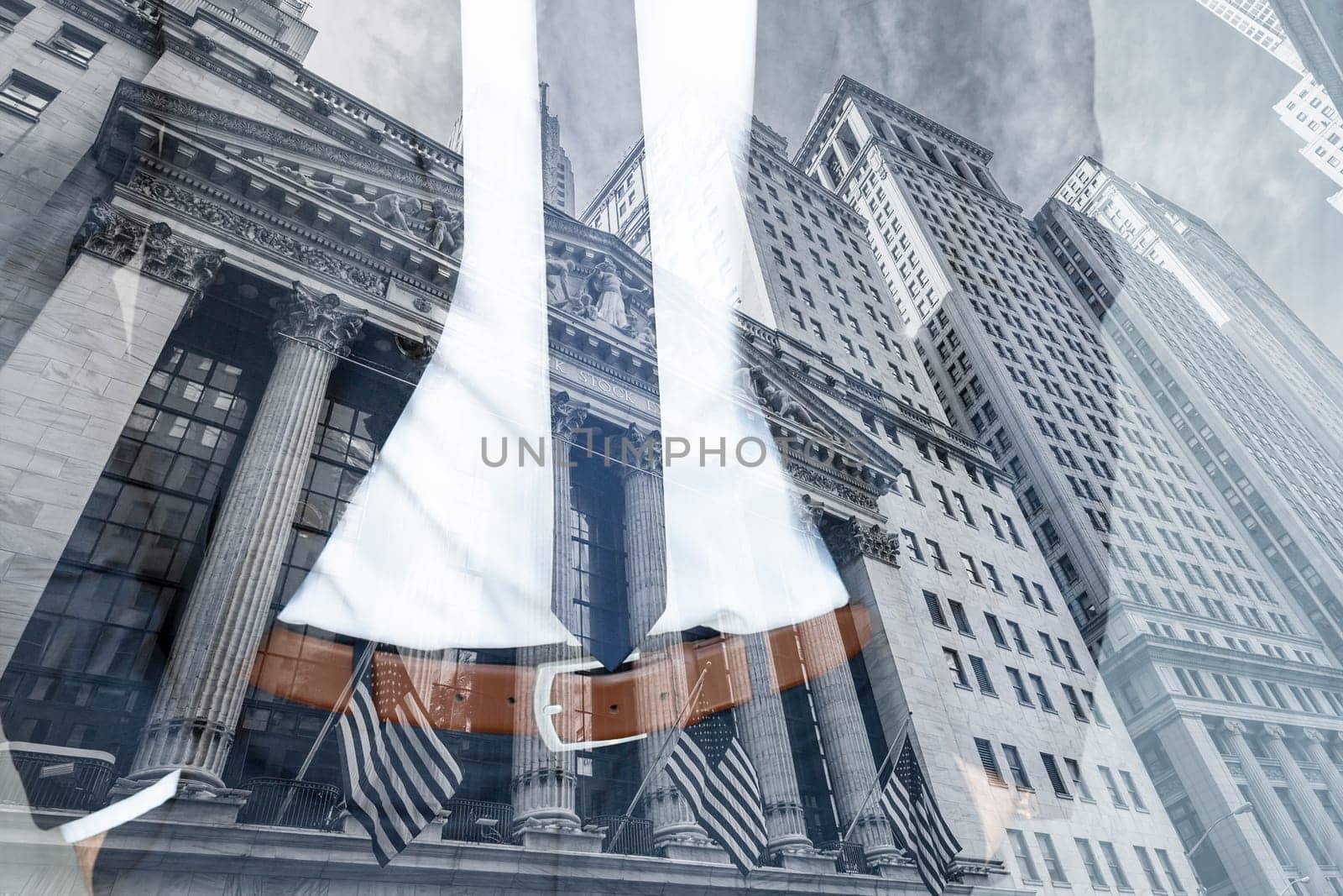 Corporate business, finance, stock market and economic prosperity conceptul collage. Businessman wearing fashionable classic navy blue suit against new york stock exchange.