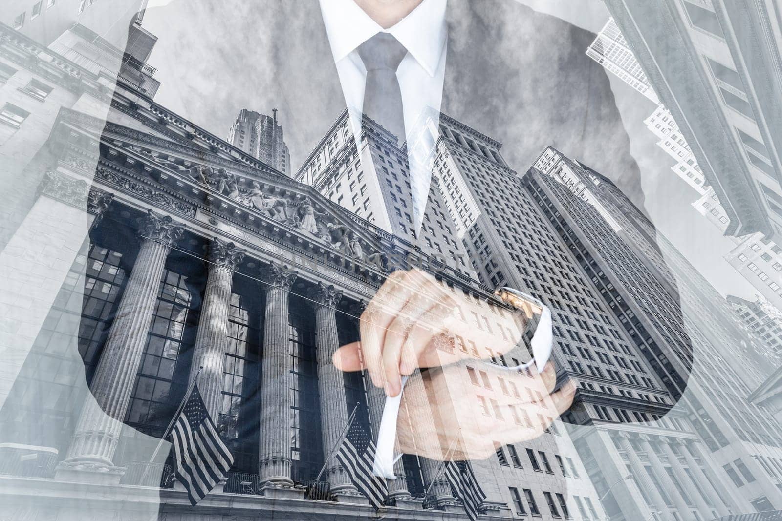 Corporate business, finance, stock market and economic prosperity conceptul collage. Businessman wearing fashionable classic navy blue suit against new york stock exchange.