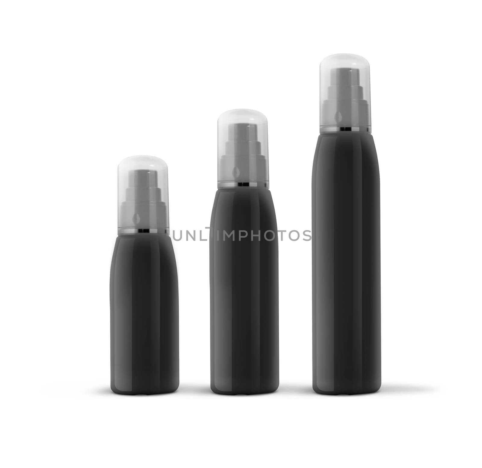 Black cosmetic spray bottles set isolated on white background