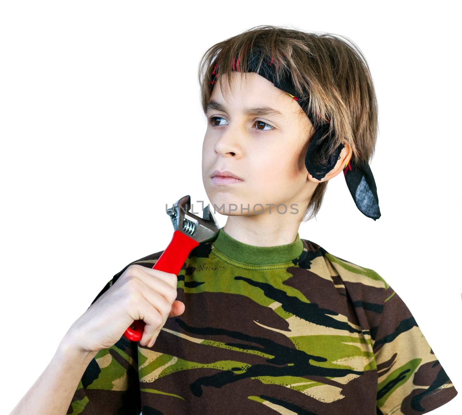 Young boy in bandana with wrench. On isolation white background.