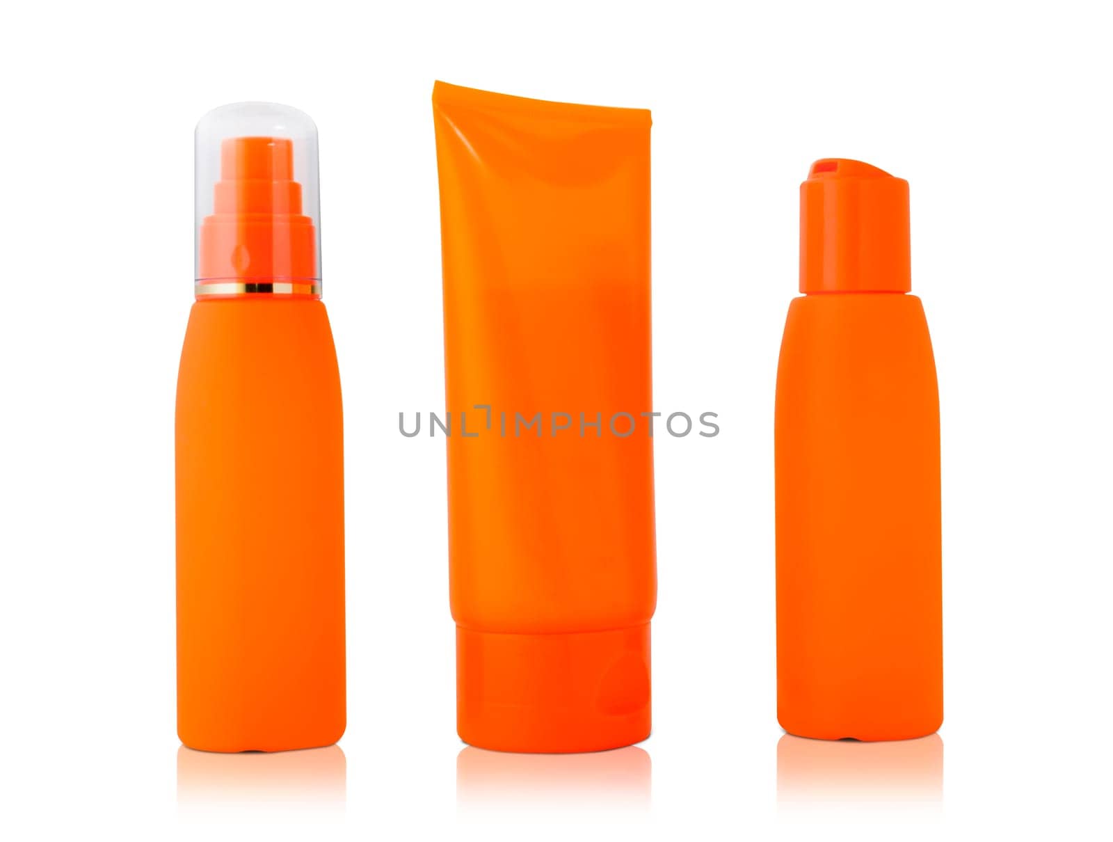 Set orange container suntan isolated on white background.