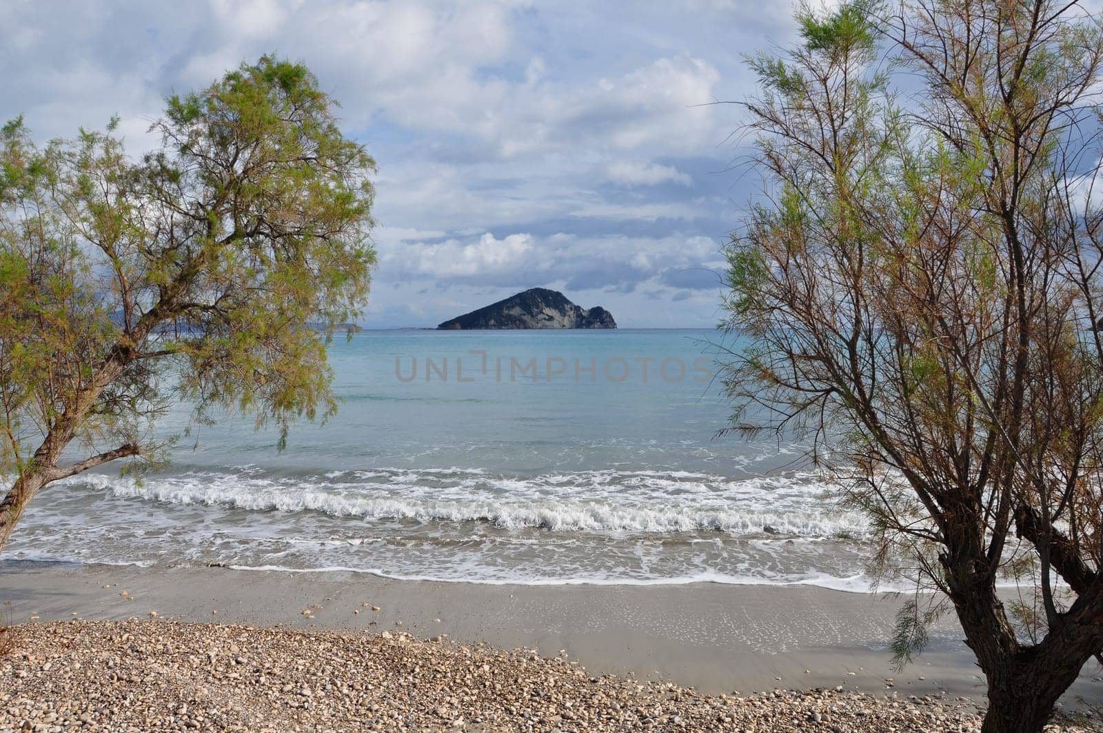 Keri beach in Zakynthos Greece and Marathonisi island natural habitat of the caretta-caretta sea turtle.
