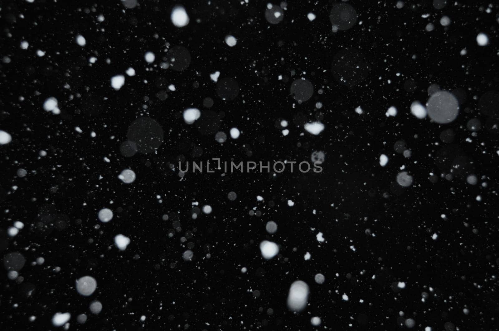 Snow falling on dark winter night. Abstract snowflakes background blur.