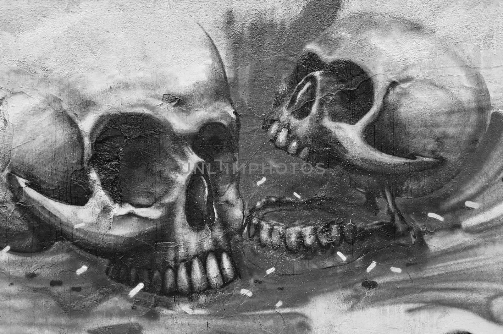 ATHENS, GREECE - DECEMBER 10, 2014: Two human skulls on textured wall abstract graffiti urban art. Black and white.