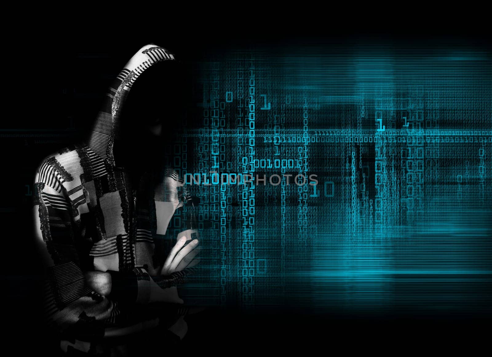 An adult online anonymous internet hacker with invisible face in urban environment and number codes illustration concept. Mixed media.