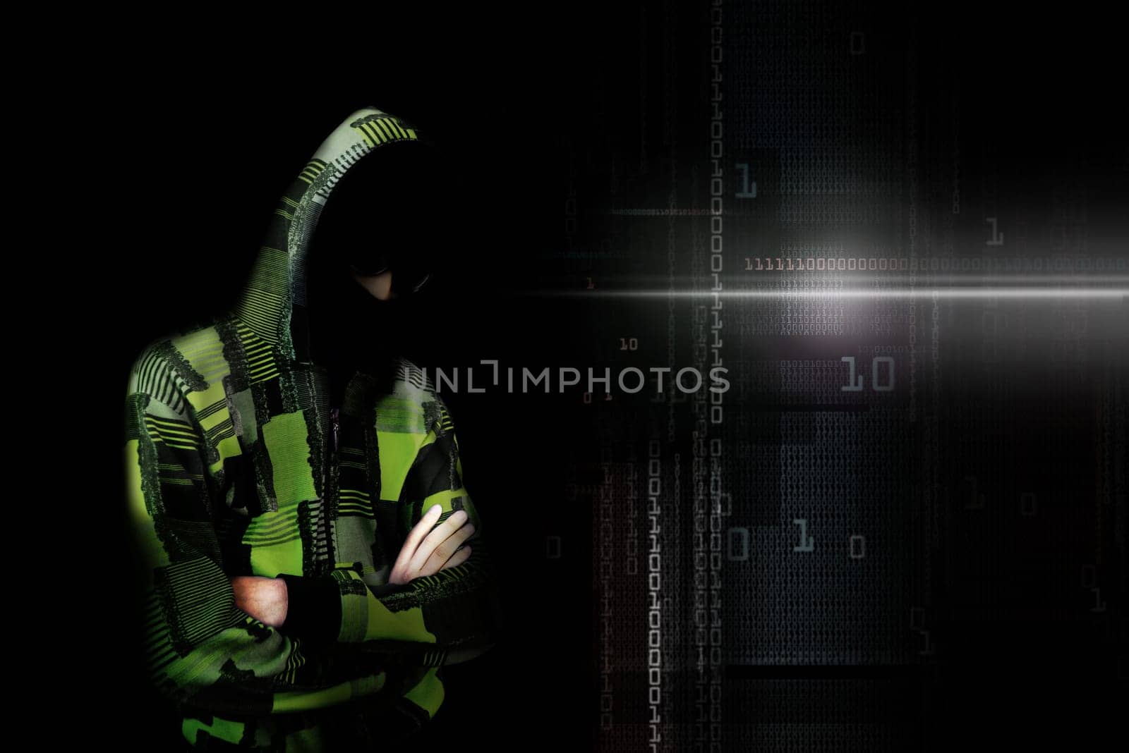 An adult online anonymous internet hacker with invisible face in urban environment and number codes illustration concept. Mixed media.