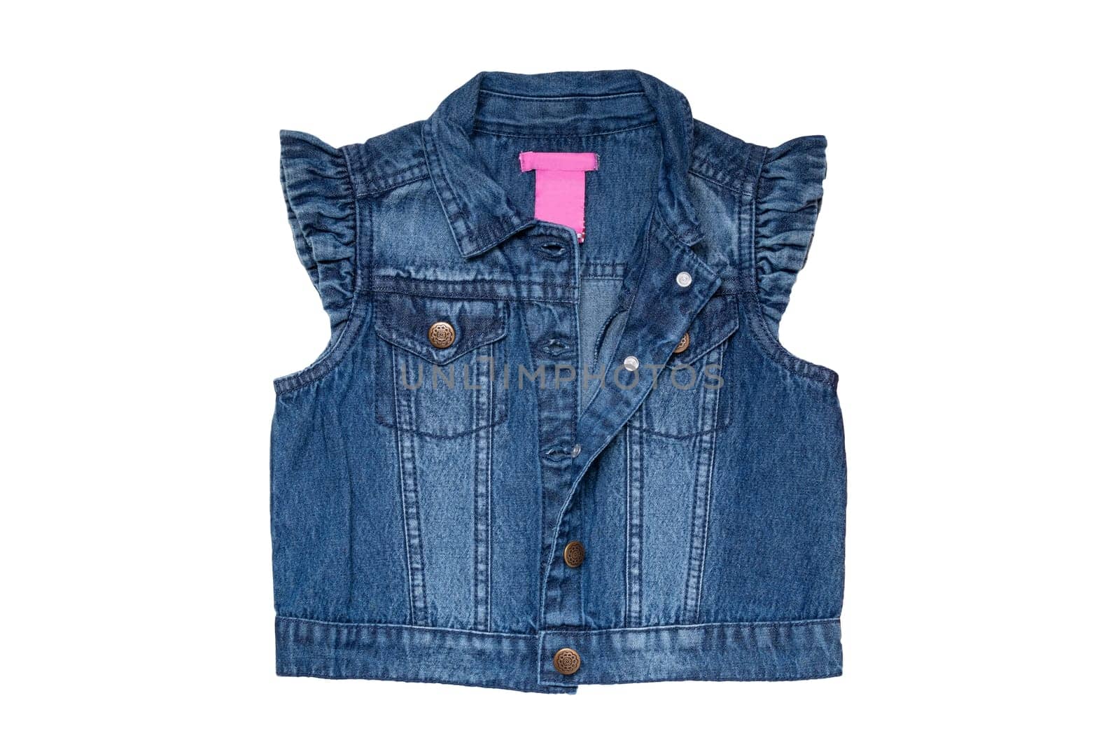 Jeans vests fashion. Sleeveless blue jeans vest or jacket for the little girl isolated on a white background. Top view front.