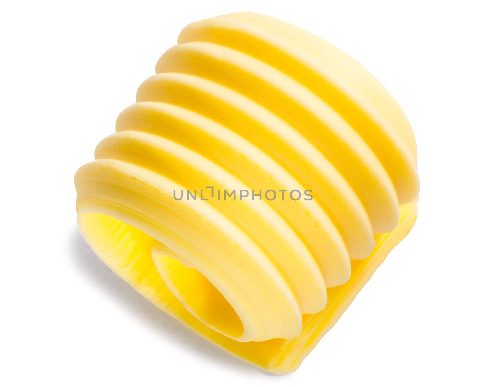 Butter curl or roll isolated on white, top view