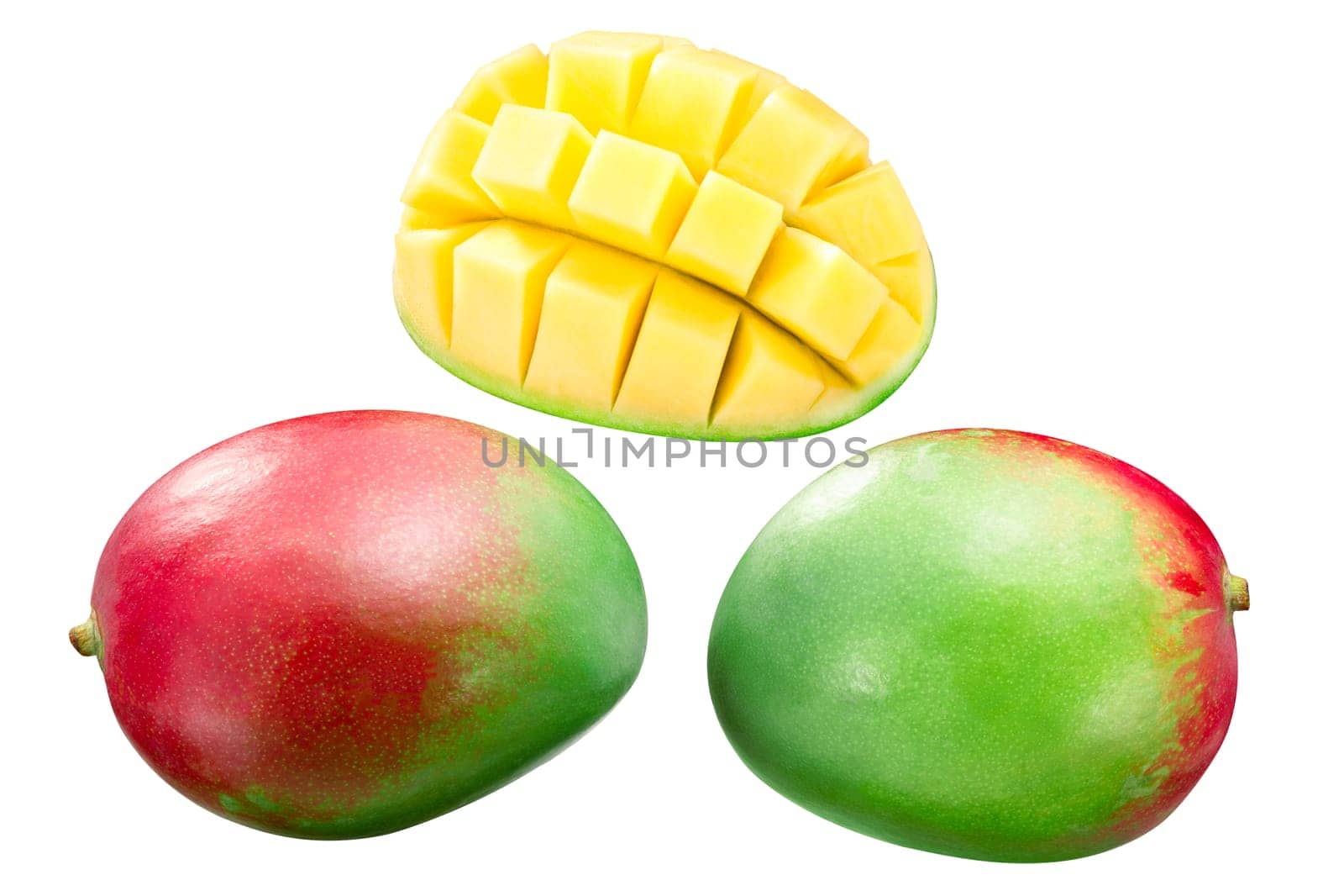 Mango (fruit of Mangifera indica), whole and cube styled