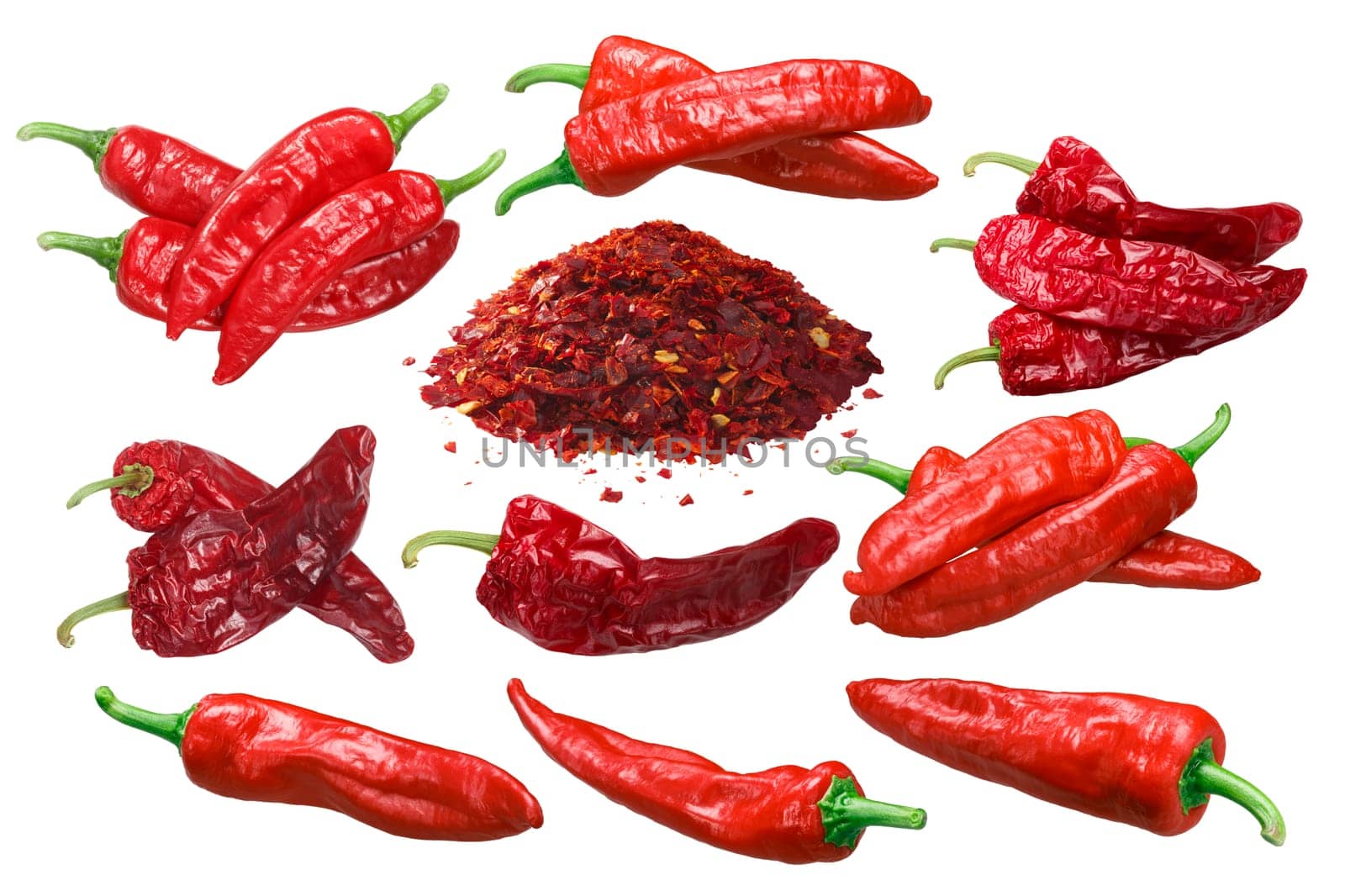Aleppo peppers (Capsicum annuum), fresh overripe whole pods, dried, crushed