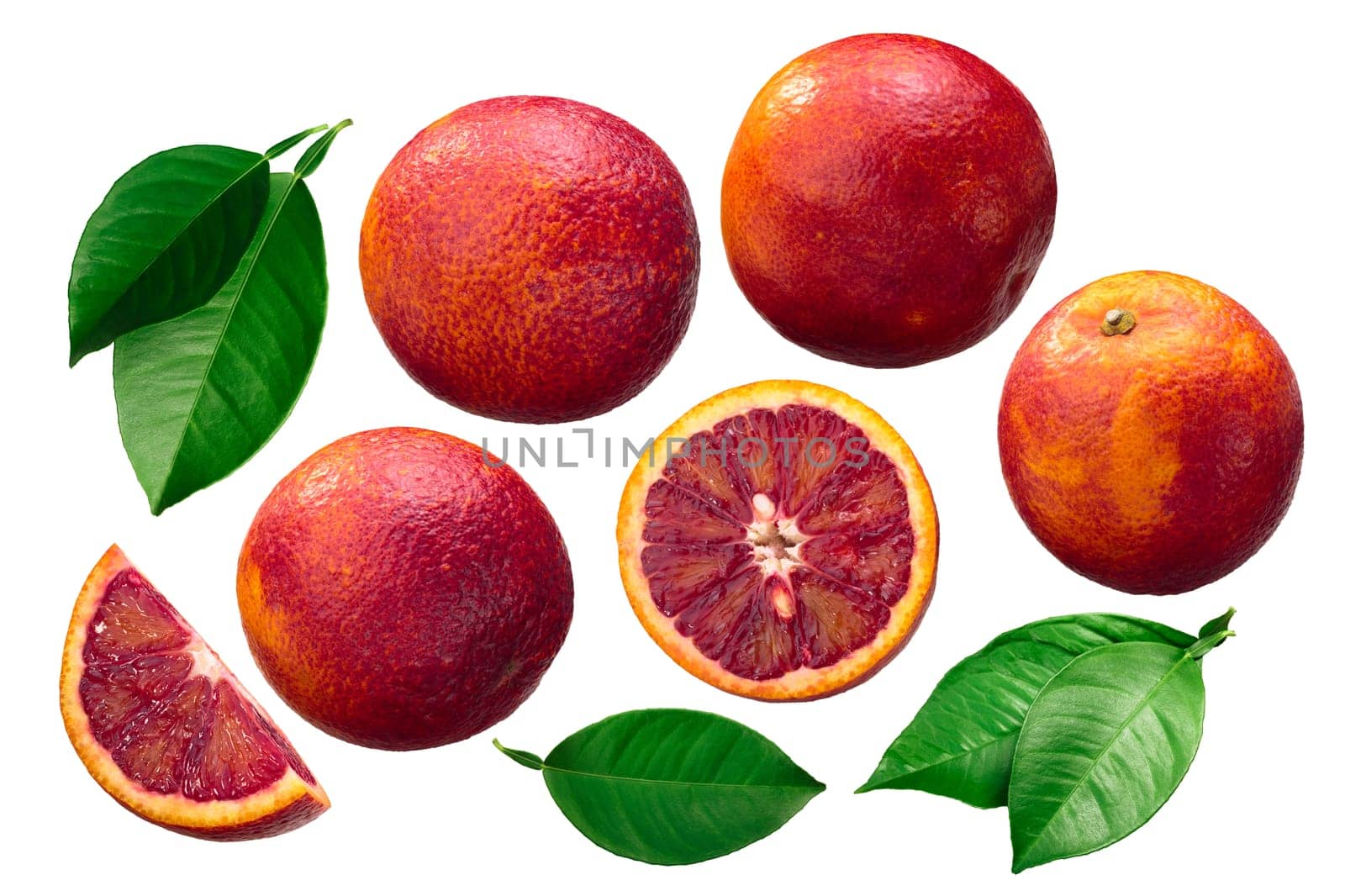 Blood oranges (Citrus x sinensis fruits), whole, halved and slices