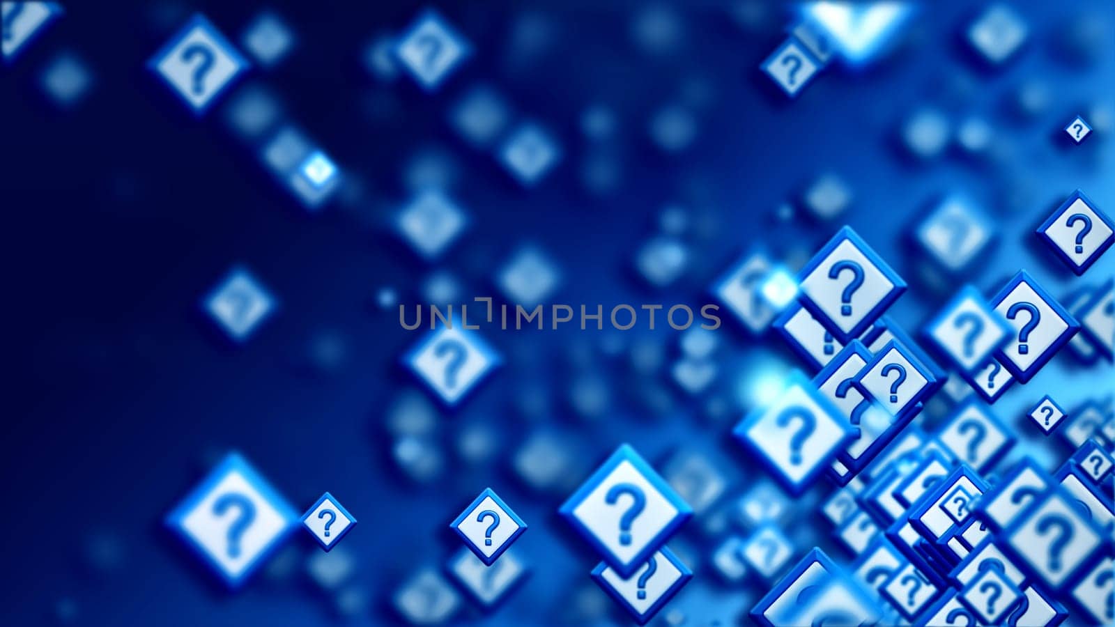 Group of signs with question marks on a blue backdrop, as a concept of questions of the choice from the web community in cyberspace. Abstract futuristic horizontal background.