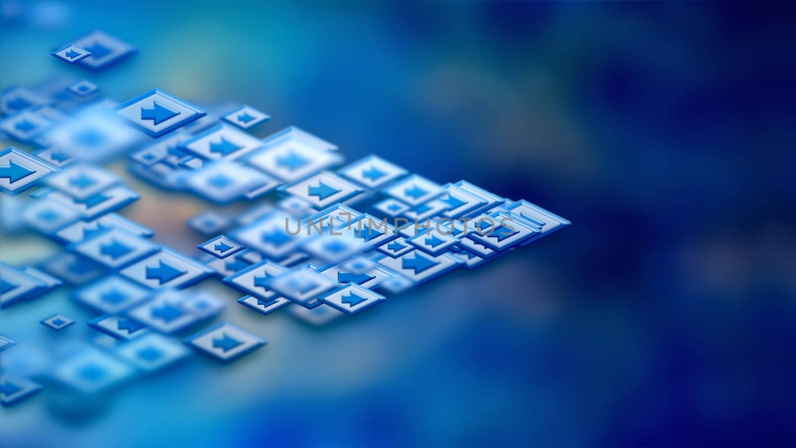 Moving group of arrows on a blue backdrop, as a concept and a sign of the unity of internet community in cyberspace for determination direction and areas of cooperation of the crowd to help the needy