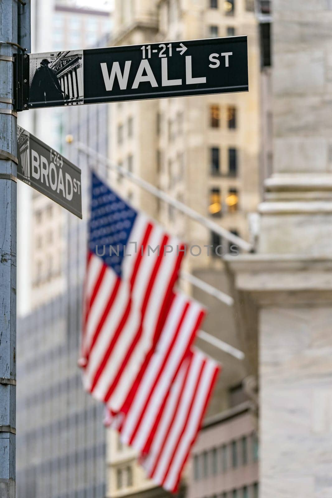 Wall street sign with New York Stock Exchange background New York City, New York, USA.