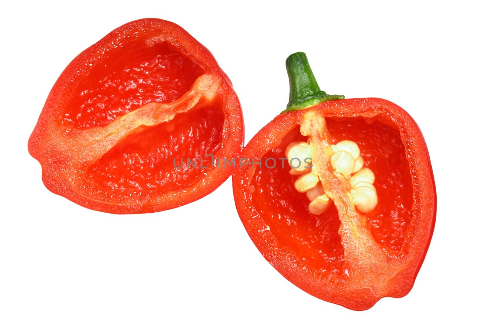 Malawi Piquante chile pepper(Pepperdew when pickled), Capsicum baccatum, halved ripe pod, top view