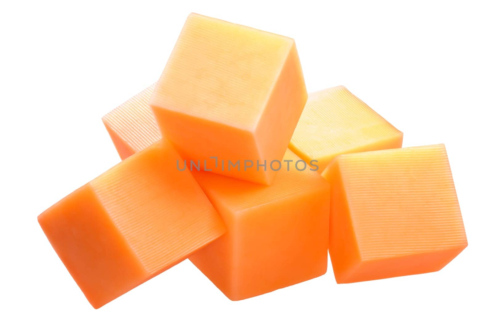 Cheddar cheese cubes, pile of, isolated on white, shadowless
